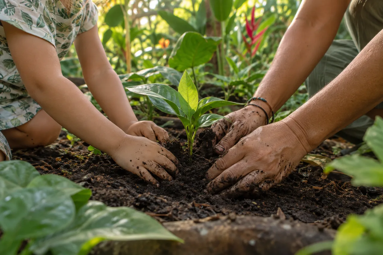 Un niño y una persona adulta siembran juntos una planta en la huerta